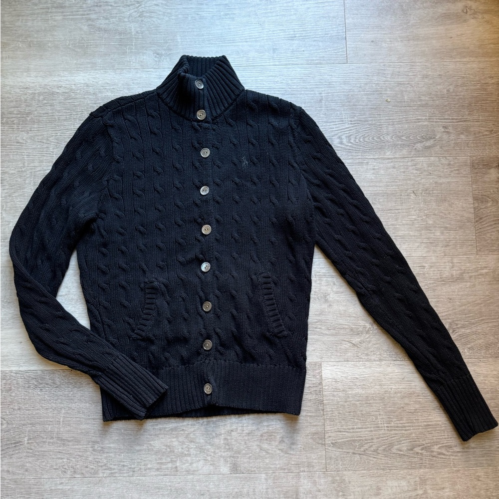 Ralph Lauren Golf Cable Knit Smock Neck 100% Cotton Black Cardigan Size M